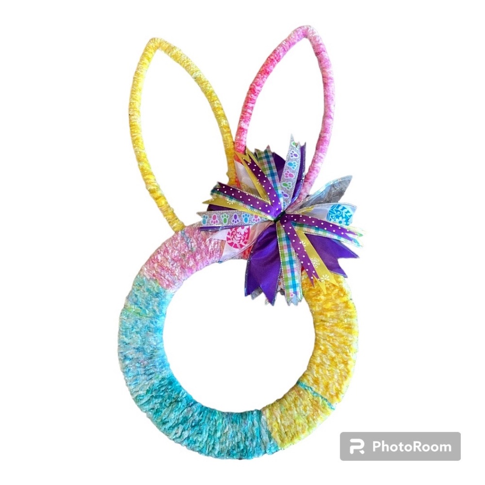 Chenille Yarn Easter Bunny Pastel Wreath with Bow